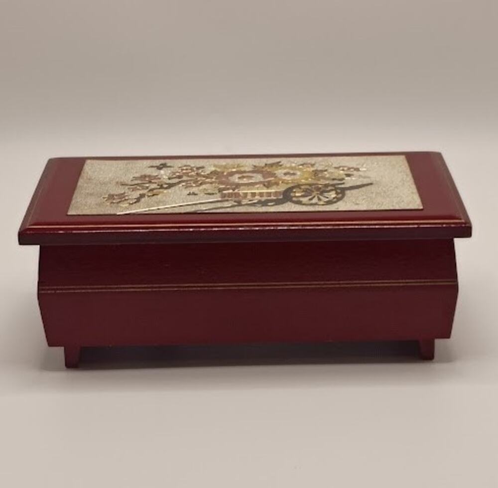 Vintage Japanese Lacquered Jewelry Music Box Floral Cart Design Mirror Red
